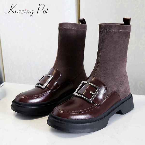 krazing pot sock boots cow leather buckle decorations british med square heel round toe slip on young lady dress ankle boots l15, Black
krazing pot sock boots cow leather buckle decorations british med square heel round toe slip on young lady dress ankle boots l15, Black