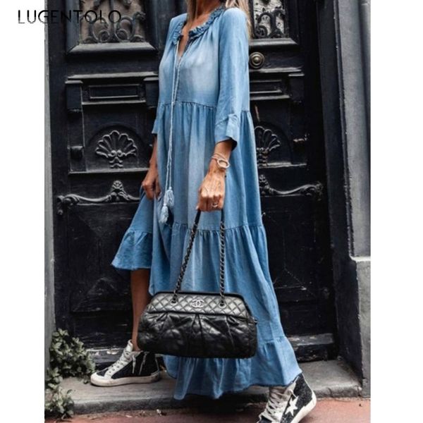 lugentolo long denim dress women washed thin three quarter sleeve loose big swing high waist v-neck solid 2020 summer dress, Black;gray
lugentolo long denim dress women washed thin three quarter sleeve loose big swing high waist v-neck solid 2020 summer dress, Black;gray