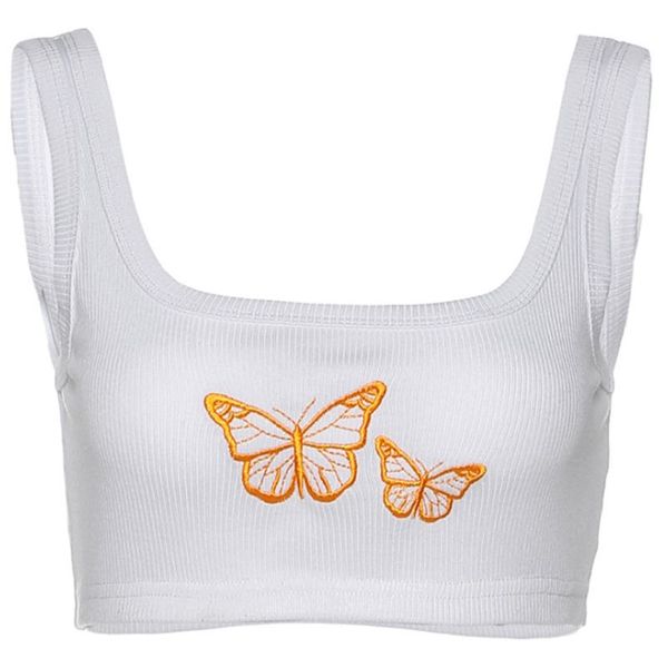 women sleeveless crop butterfly embroidery ribbed square neck cami shirts, White;black
women sleeveless crop butterfly embroidery ribbed square neck cami shirts, White;black