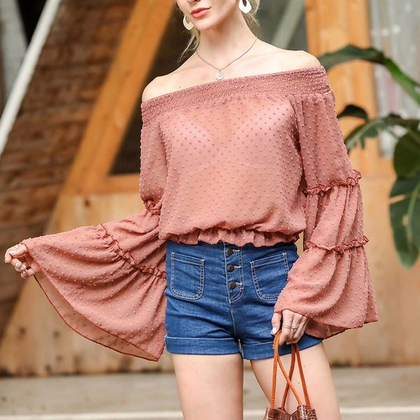 2020 new women's summer one-shoulder lady trumpet sleeve long sleeve casual dance top, White;red 
2020 new women's summer one-shoulder lady trumpet sleeve long sleeve casual dance top, White;red