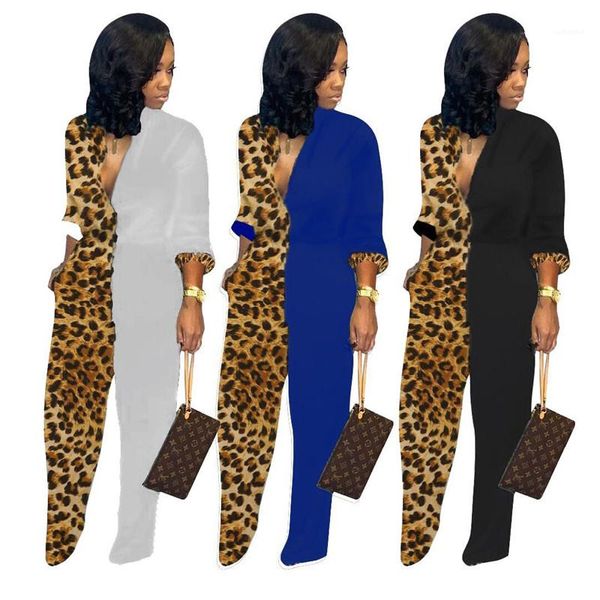 women leopard designer jumpsuits fashion stand collar long sleeve straight wide leg rompers casual women cothing, Black;white
women leopard designer jumpsuits fashion stand collar long sleeve straight wide leg rompers casual women cothing, Black;white