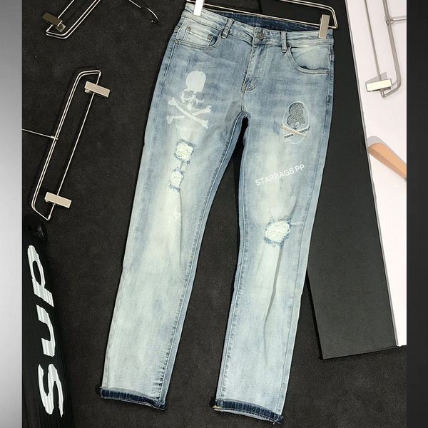 star bags pp original skull diamond four season jeans car red thread popular logo embroidered leather label casual slim elastic, Blue
star bags pp original skull diamond four season jeans car red thread popular logo embroidered leather label casual slim elastic, Blue