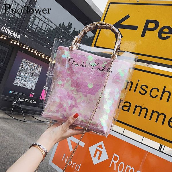 pooflower summer pvc transparent woven bags for women 2020 fashion sequins clear chain shoulder bag handbag bolsa feminina zh059
pooflower summer pvc transparent woven bags for women 2020 fashion sequins clear chain shoulder bag handbag bolsa feminina zh059