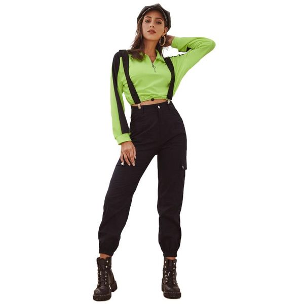 european and american cross-border women's street temperament high waist and shoulder strap bib overall trousers streetwear, Black;white
european and american cross-border women's street temperament high waist and shoulder strap bib overall trousers streetwear, Black;white