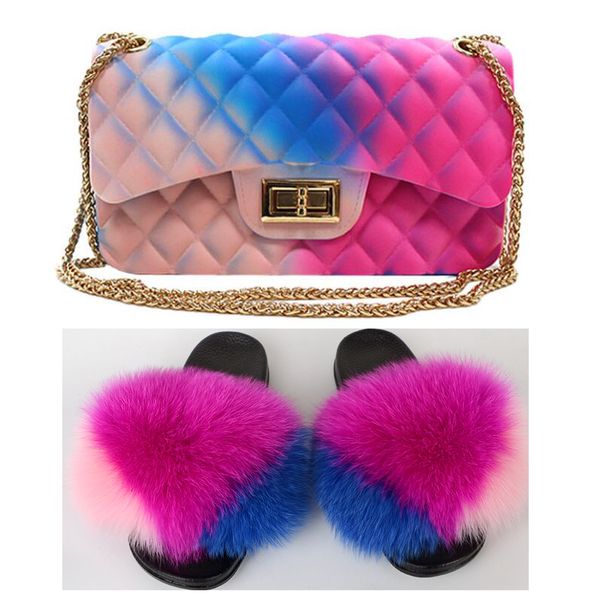 women jelly chain bag fur slippers set fashion fluffy fur slides purse match set ladies plush furry rainbow fur beach flip flops, Black
women jelly chain bag fur slippers set fashion fluffy fur slides purse match set ladies plush furry rainbow fur beach flip flops, Black