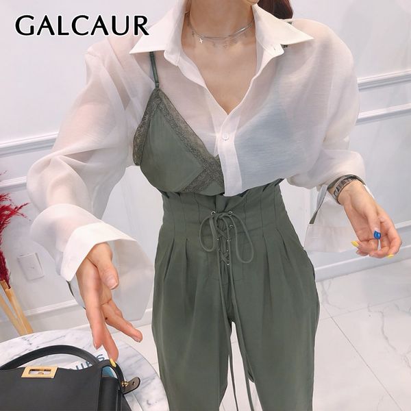 galcaur patchwork hit color two piece set women lapel collar perspective long sleeve shirt lace sling vest female suits 2020 new, White
galcaur patchwork hit color two piece set women lapel collar perspective long sleeve shirt lace sling vest female suits 2020 new, White