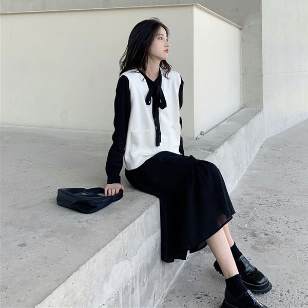 two piece dress elegant sets knit sleeveless sweater vest+loose bow collar loose mid-calf dresses fall spring womens plus size, White
two piece dress elegant sets knit sleeveless sweater vest+loose bow collar loose mid-calf dresses fall spring womens plus size, White