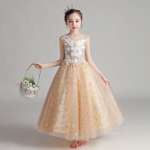 children girls elegant florals golden color model show first communication princess fluffy prom dress kids birthday dress wear, Red;yellow 
children girls elegant florals golden color model show first communication princess fluffy prom dress kids birthday dress wear, Red;yellow
