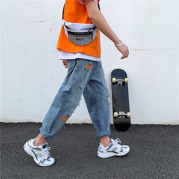 men's jeans fast scratched broken vintage loose straight tube pants cotton washed harajuku fashion labeling, Blue
men's jeans fast scratched broken vintage loose straight tube pants cotton washed harajuku fashion labeling, Blue