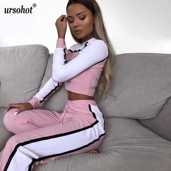 ursoautumn women's tracksuits casual long sleeve crop skinny drawstring legging two piece set workout sporty suit female, Gray