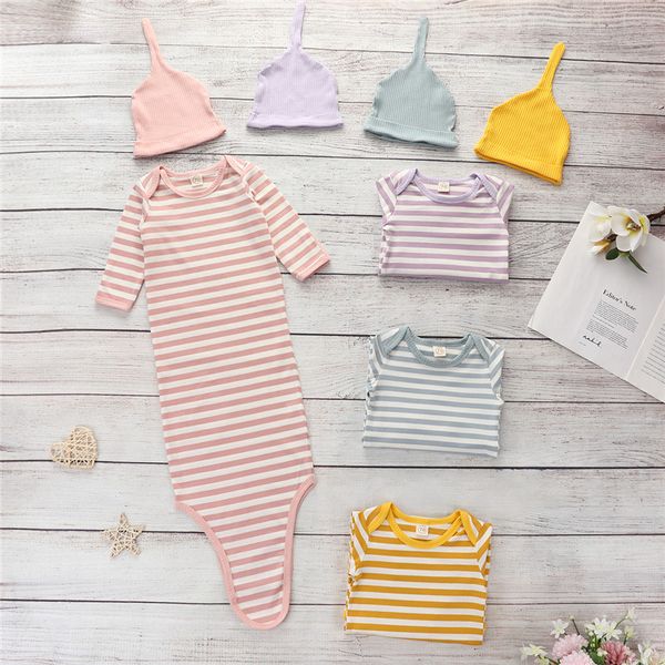 0-1y Baby Girl Boy Sleeping Bags Hat 2pcs Soft Striped Newborn Swaddle Blanket Wrap Cotton Sets For Baby