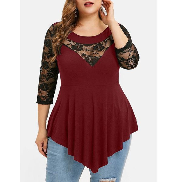 women blouse plus size lace ornament hollow out patchwork solid floral o neck asymmetric three quarter sleeve blouse, White
women blouse plus size lace ornament hollow out patchwork solid floral o neck asymmetric three quarter sleeve blouse, White
