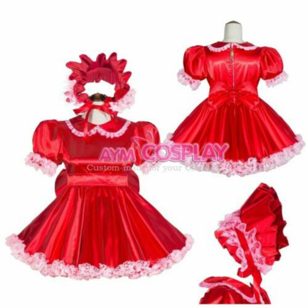 

red lockable sissy boy maid satin mini dress cd/tv tailor-made, Black;red