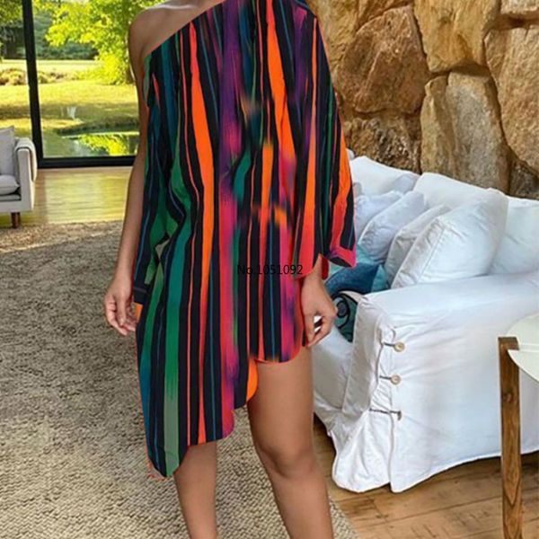 dress loose stand collar one shoulder colorful stripes woman dress holidays midi elegant lrregular hem casual summer, Black;gray
dress loose stand collar one shoulder colorful stripes woman dress holidays midi elegant lrregular hem casual summer, Black;gray