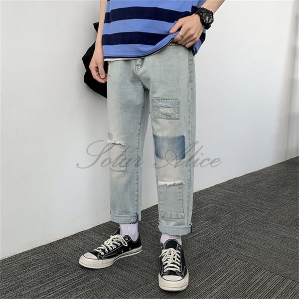 men's jeans 2021 spring / summer mid-waist straight ankle-lengt loose wide legs teen patch ripped casual pants, Blue
men's jeans 2021 spring / summer mid-waist straight ankle-lengt loose wide legs teen patch ripped casual pants, Blue
