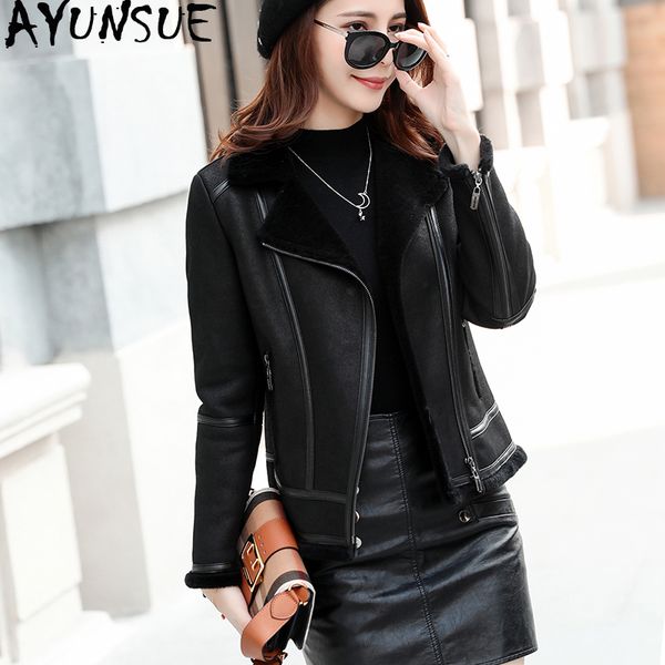 ayunsue real leather jacket winter coat women 100% natural wool fur coat female sheepskin streetwear bomber jackets my4329, Black
ayunsue real leather jacket winter coat women 100% natural wool fur coat female sheepskin streetwear bomber jackets my4329, Black