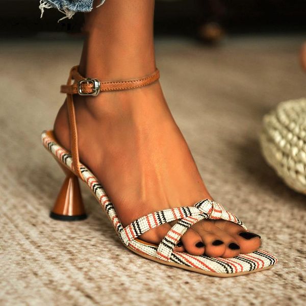 women's summer sandals fashion pumps colorful strip 5.5 cm buckle high heels open toe ladies shoes, Black
women's summer sandals fashion pumps colorful strip 5.5 cm buckle high heels open toe ladies shoes, Black