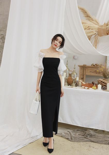 dress the new style one-shoulder lantern sleeves slim fit split black dress, White;black
dress the new style one-shoulder lantern sleeves slim fit split black dress, White;black