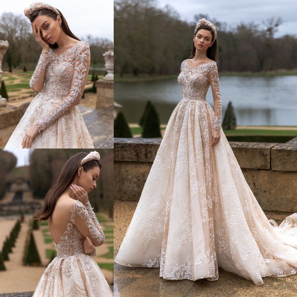 charming a line lace backless wedding dresses sheer bateau neck appliqued long sleeves beaded bridal gowns sweep train tulle robe de mariée, White
charming a line lace backless wedding dresses sheer bateau neck appliqued long sleeves beaded bridal gowns sweep train tulle robe de mariée, White