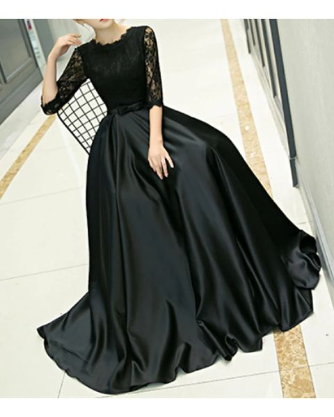 a-line elegant black guest formal evening dress jewel neck half sleeve floor length polyester with pleats, Black;red
a-line elegant black guest formal evening dress jewel neck half sleeve floor length polyester with pleats, Black;red
