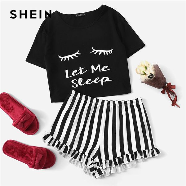 shein black graphic tee frilled striped shorts pj round neck short sleeve set 2019 summer women patchwork sleepwear, Black;white
shein black graphic tee frilled striped shorts pj round neck short sleeve set 2019 summer women patchwork sleepwear, Black;white