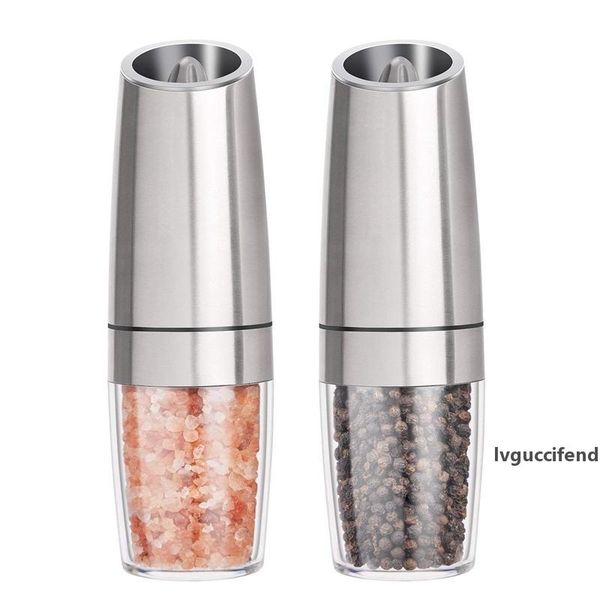 gravity electric salt and pepper grinders set - battery operated, stainless steel automatic pepper mills with blue led light t200323
gravity electric salt and pepper grinders set - battery operated, stainless steel automatic pepper mills with blue led light t200323