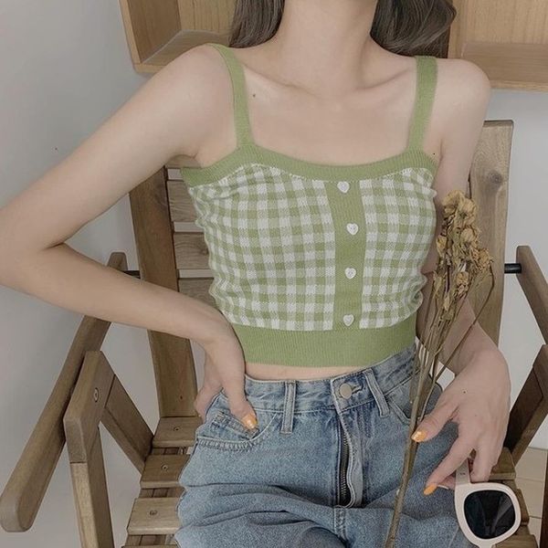 4 color sweet plaid pattern knit camisole slim womens bottoming crop knitted black green blue red 4 color camis, White
4 color sweet plaid pattern knit camisole slim womens bottoming crop knitted black green blue red 4 color camis, White