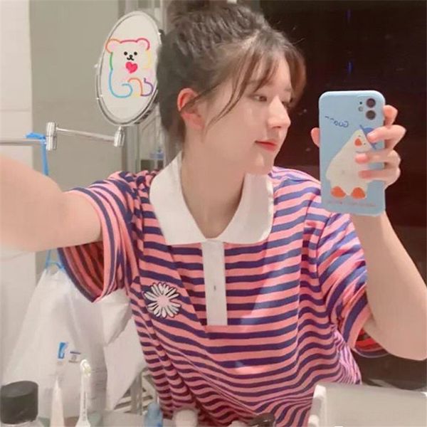 2020 zhao lusi same loose navy blue pink striped polo lapel short-sleeved cotton t-shirt cotton t-shirt couple bfstyle, White
2020 zhao lusi same loose navy blue pink striped polo lapel short-sleeved cotton t-shirt cotton t-shirt couple bfstyle, White