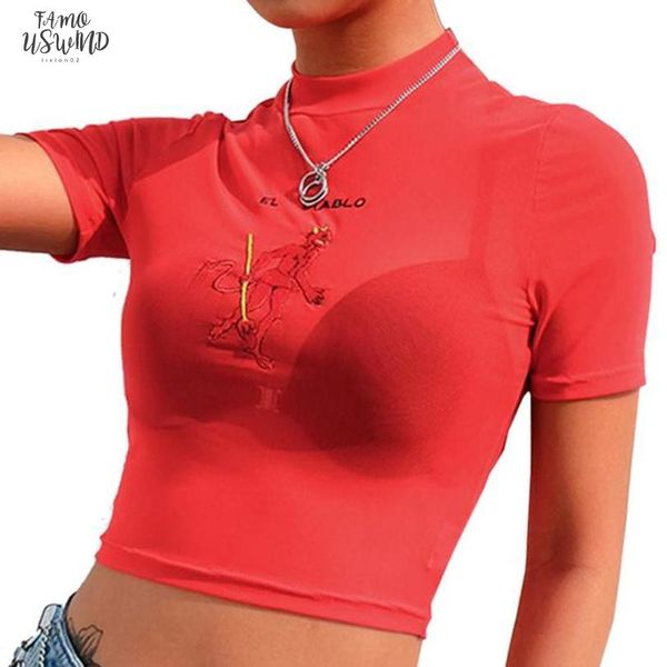 fashion summer mesh transparent t shirt 2020 women embroidery short sleeve crop tees red camiseta, White