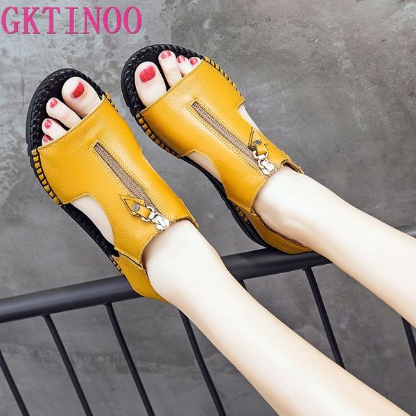 gktinoo women's sandals summer genuine leather ladies shoe sandals women flat heels female shoes, Black