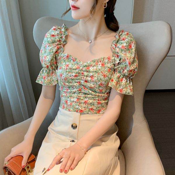 women's blouses & shirts women v neck chic ruched floral print casual slim blouse female puff sleeve elastic leisure chemise dames, White
women's blouses & shirts women v neck chic ruched floral print casual slim blouse female puff sleeve elastic leisure chemise dames, White