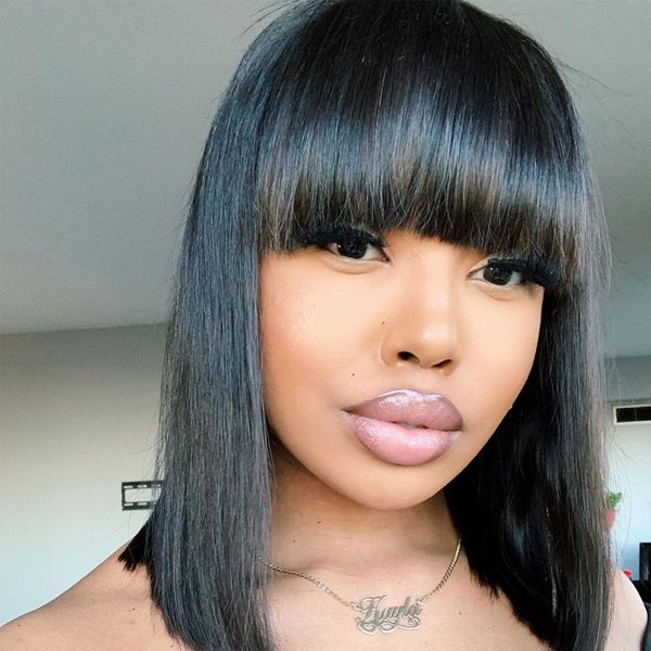 13x4 lace short bob with bangs wigs brazilian remy hair can be dyed lace front human hair wigs pre-plucked bleached knots, Black 
13x4 lace short bob with bangs wigs brazilian remy hair can be dyed lace front human hair wigs pre-plucked bleached knots, Black