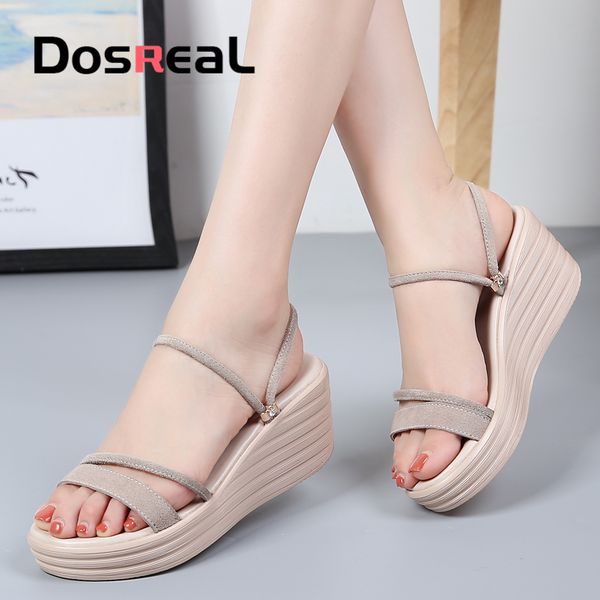 dosreal women sandals suede leather wedges heel flat sandals women beach gladiator ladies platform shoes, Black