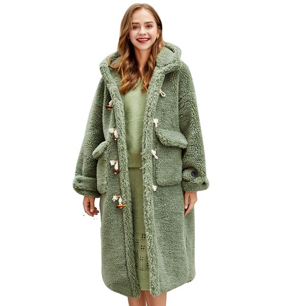 women's fur & faux horn buckle european and american lalambswool large particle long hooded plush jacket, Black
women's fur & faux horn buckle european and american lalambswool large particle long hooded plush jacket, Black