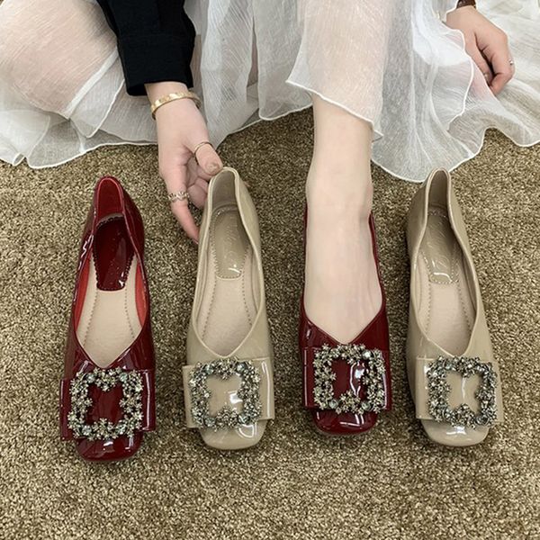 women flats patent leather boat shoes square toe slip on shoes ladies loafer metal crystal flat shallow ladies red 8219c, Black