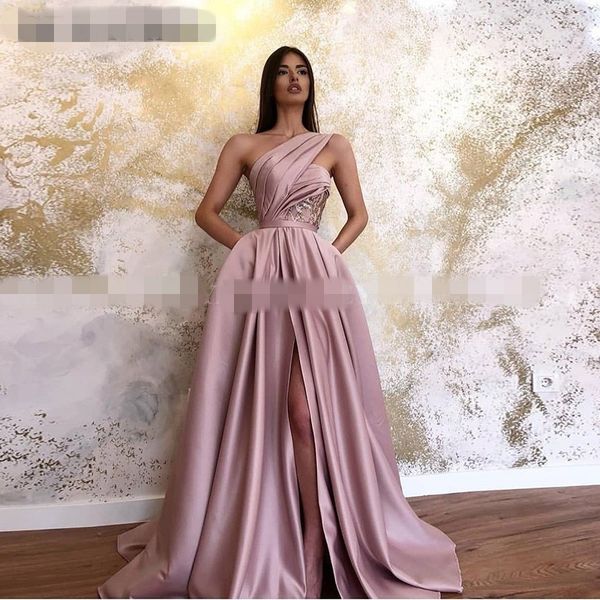 pink satin one shoulder evening dresses with pockets lace high split arabic prom formal dresses long elegant christmas party gown, Black;red
pink satin one shoulder evening dresses with pockets lace high split arabic prom formal dresses long elegant christmas party gown, Black;red