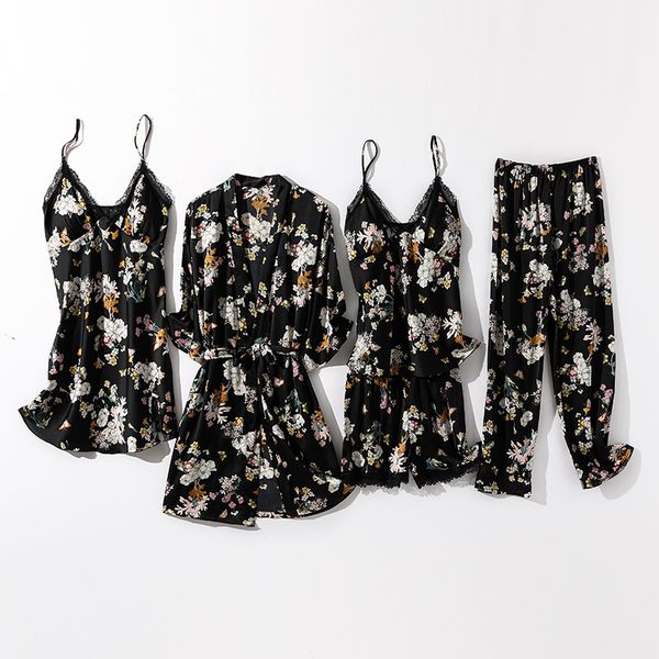 women summer 5pcs robe set kimono bath gown print flower sleepwear suit nightwear casual satin sleep set pajamas homewear, Black;red
women summer 5pcs robe set kimono bath gown print flower sleepwear suit nightwear casual satin sleep set pajamas homewear, Black;red