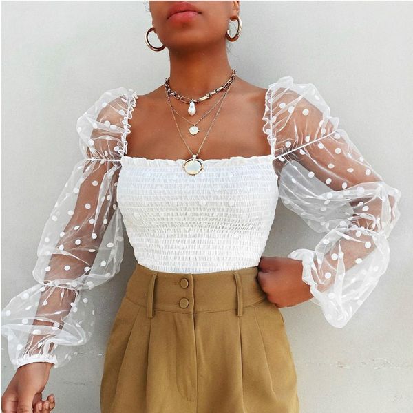 women square neck lace see-through puff sleeve blouse high street beach vacation polka dot elastic top, White
women square neck lace see-through puff sleeve blouse high street beach vacation polka dot elastic top, White
