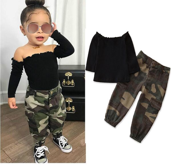 2020 Autumn Fashion Kids Baby Girl Clothes Set Black Long Sleeve Off Shoulder T-shirt +camouflage Pocket Cargo Pants Outfit 1-6y