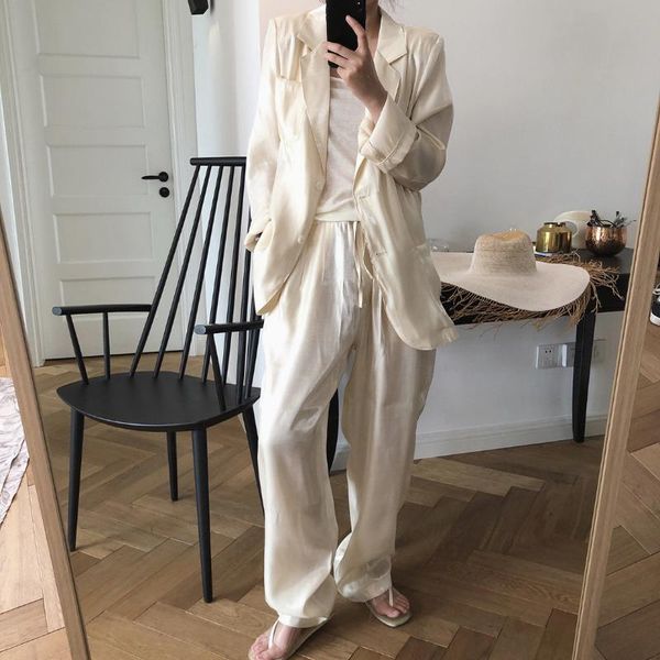 women's loose korean slouchy satin sunscreen blazer suits fashion solid thin luster light drape woman clothes two piece suit, White;black
women's loose korean slouchy satin sunscreen blazer suits fashion solid thin luster light drape woman clothes two piece suit, White;black