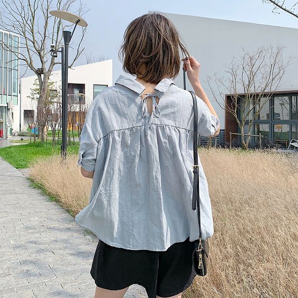 303-2002 women's butterfly cotton and linen shirt summer lace-up bow lapel fresh loose cotton and linen short sleeve shirt, White
303-2002 women's butterfly cotton and linen shirt summer lace-up bow lapel fresh loose cotton and linen short sleeve shirt, White