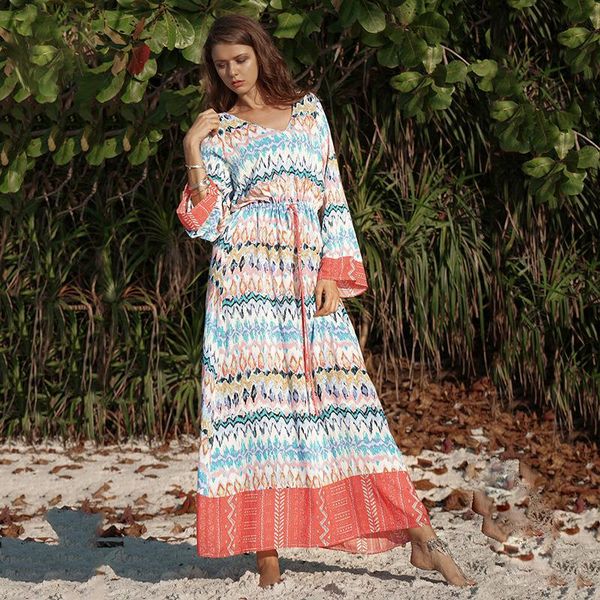 2020 suit -dress dress long sleeve will wave printing easy chalaza v lead long fund skirt, Black;gray