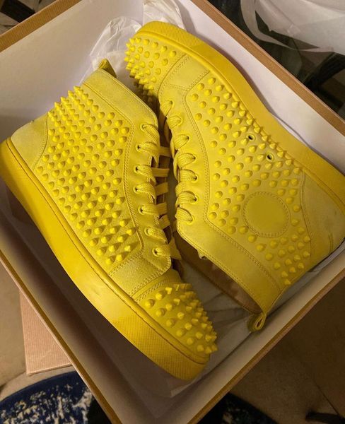sale -- yellow leather spikes red bottom sneakers shoes rivets outdoor trainers mens women luxury designer casual shoes 47, Black
sale -- yellow leather spikes red bottom sneakers shoes rivets outdoor trainers mens women luxury designer casual shoes 47, Black