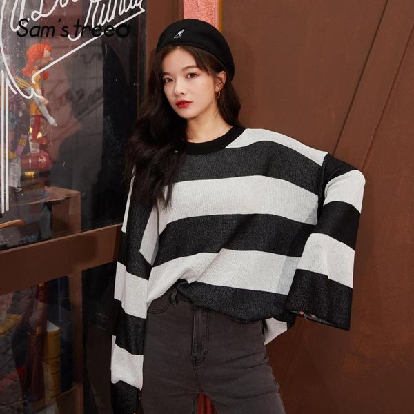 sam's tree apricot colorblock striped knit loose casual women sweater 2020 summer new black long sleeve korean ladies basic, White;black
sam's tree apricot colorblock striped knit loose casual women sweater 2020 summer new black long sleeve korean ladies basic, White;black