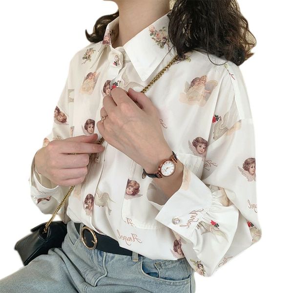 women's blouses & shirts women lantern sleeve lapel blouse buttons vintage angel print loose 517d, White
women's blouses & shirts women lantern sleeve lapel blouse buttons vintage angel print loose 517d, White