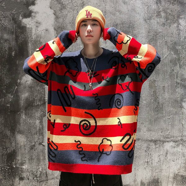 male women streetwear hip hop low shoulder knitted sweater men's autumn winter new stripe casual loose pullover sweater, White;black
male women streetwear hip hop low shoulder knitted sweater men's autumn winter new stripe casual loose pullover sweater, White;black