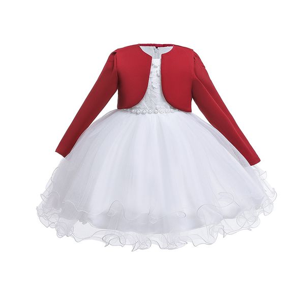 children banquet suit 2020 baby girls autumn winter new red jacket lace princess dresses two-piece kids mesh dresses infant sets, Red;yellow