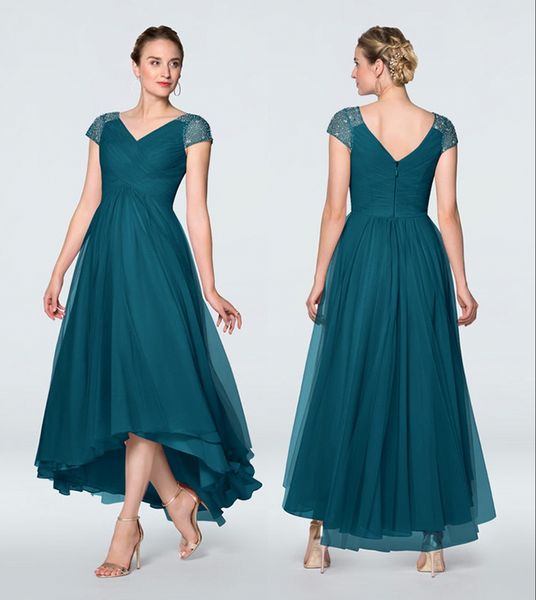 delicate midnight blue chiffon high low mother of the bride dresses cap sleeves beading v neckline wedding party gowns back out, Black;red
delicate midnight blue chiffon high low mother of the bride dresses cap sleeves beading v neckline wedding party gowns back out, Black;red