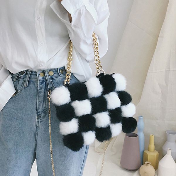 casual plush ball stitching lattice black white chain handbag simple shoulder messenger bag
casual plush ball stitching lattice black white chain handbag simple shoulder messenger bag