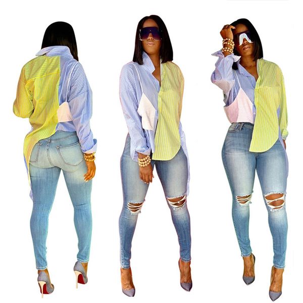 striped patchwork shirts women designer v neck long sleeve clothing slim womens cardigan irregular blouses, White
striped patchwork shirts women designer v neck long sleeve clothing slim womens cardigan irregular blouses, White